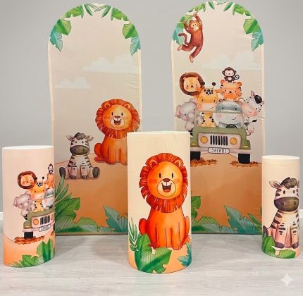 Safari Temalı Çocuk Puf & Dekoratif Panel Seti – Sevimli Hayvan Desenli Silindir Oturak | Bebek & Çocuk Odası Dekoru