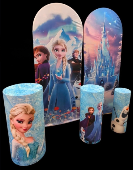 Buz Kraliçesi Temalı Çocuk Puf & Dekoratif Panel Seti – Elsa & Karlar Ülkesi Konseptli Silindir Oturak