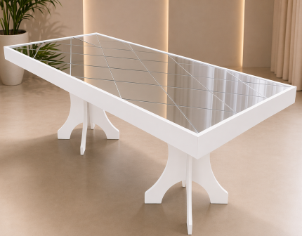 Aynalı Uzun Dikdörtgen Sehpa – Modern Beyaz Ahşap Ayaklı Dekoratif Masa | Organizasyon ve Sunum Sehpası