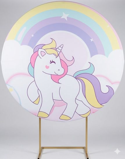 Unicorn Temalı Yuvarlak Fon Paneli – Gökkuşağı & Unicorn Figürlü Dekoratif Arka Plan Standı