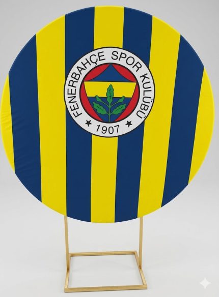 Fenerbahçe Temalı Yuvarlak Fon Paneli – Sarı Lacivert FB Logolu Dekoratif Arka Plan Standı
