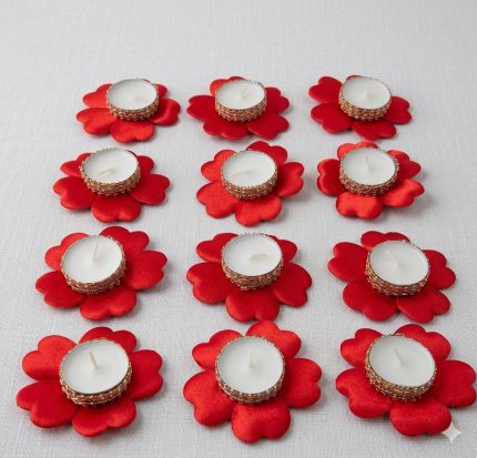 Kırmızı Çiçekli Tealight Mum Seti – Kına Gecesi Dekor Mumları (12’li)
