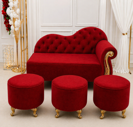 Kırmızı Kapitoneli Koltuk ve Puf Takımı – Lüks Kına Tahtı Koltuğu | Düğün, Nişan ve Organizasyon Seti