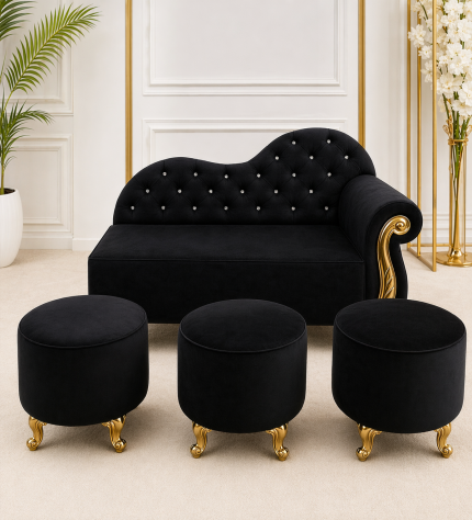 Siyah Kapitoneli Koltuk ve Puf Takımı – Lüks Kına Tahtı Koltuğu | Düğün, Nişan Organizasyon Seti