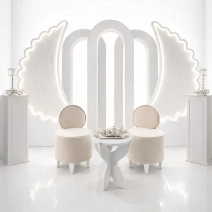 5’li Arka Ahşap Fon Seti – LED Işıklı Kemerli & Melek Kanatlı Organizasyon Arka Planı